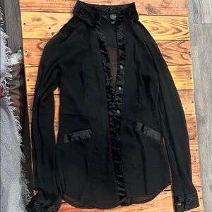 BKE Black Sheer Blouse with Velvet Trim
